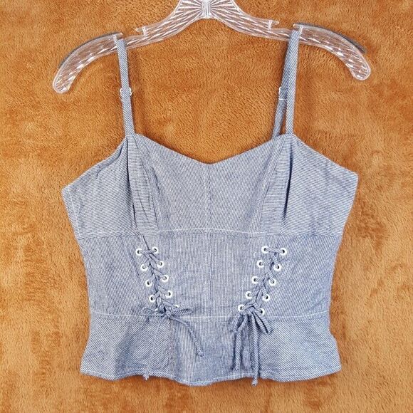 INTERMIX Womens Top Small Gray Stripe Tank Peplum Bustier Lace Up Spaghetti - Picture 1 of 7